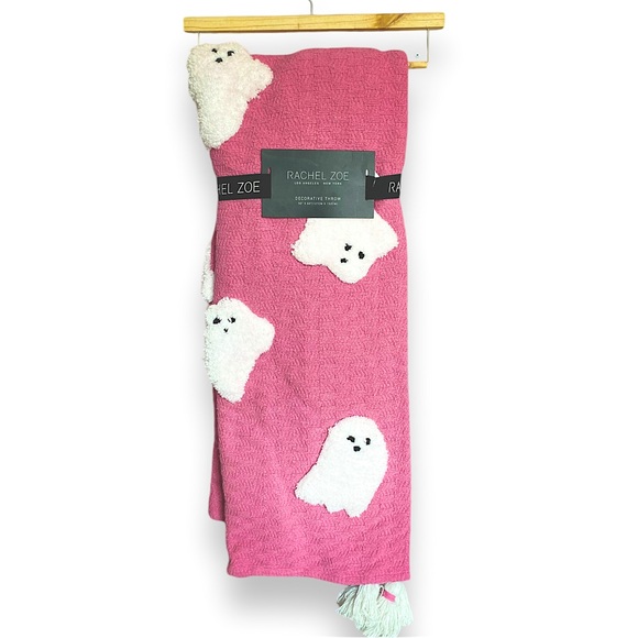 Rachel Zoe Viral Pink and White Ghost Halloween Throw Blanket With Tassels